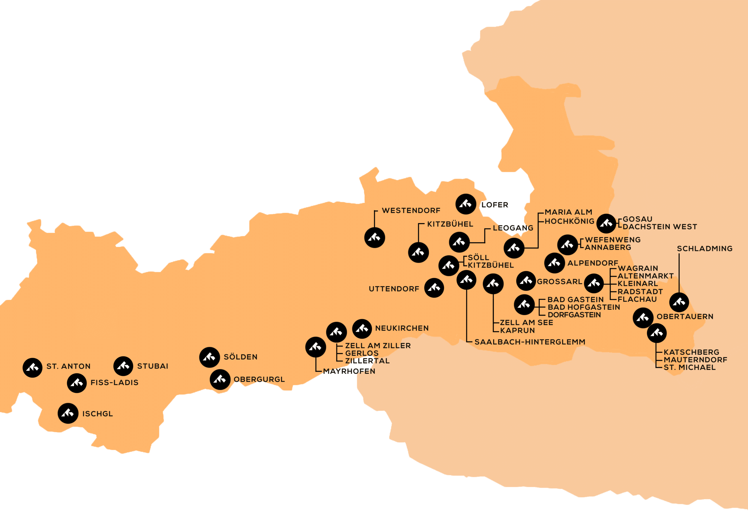 Map of destinations in Austria
